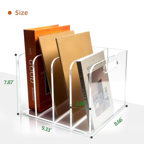 4 Vertical Compartments Clear Acrylic Magazine & File Holder – Multipurpose Desk Organizer for Office, Tablets, Magazines, Books – Documents/Home/Classroom Rack - size: A4, 4 Sections