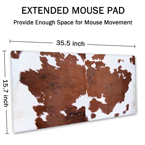 SSOIU Extended Mouse Pad, XXL Gaming Mouse Pads, Large Big Mousepad Laptop Computer Keyboard Mat Desk Pad with Non-Slip Base Stitched Edge for Gaming Office, 35.5 x 15.7 inch, Brown Cowhide Print - color: Brown Cowhide Print