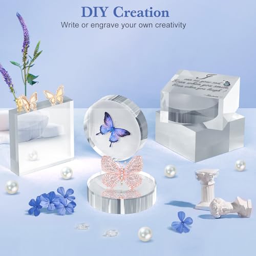 SAMYUCHO Acrylic Blocks 3 X 3 X 1 Inch 4 Pcs Acrylic Base Stand for Display Clear Block Round Riser Display Stands Pedestal Polished Cube for Jewelry trophy Props Collection Ring