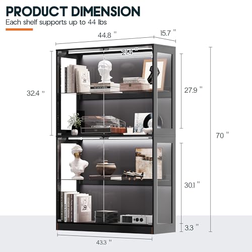 AMERLIFE RGB Display Cabinet with Adjustable Glass Shelves, 4-Tier Storage Display Case with LED Lights, Press-to-Open Glass Doors, Modern Collectibles Cabinet, Black 70" H x 45" L x 16" D - color: Black, size: 45×16×70in