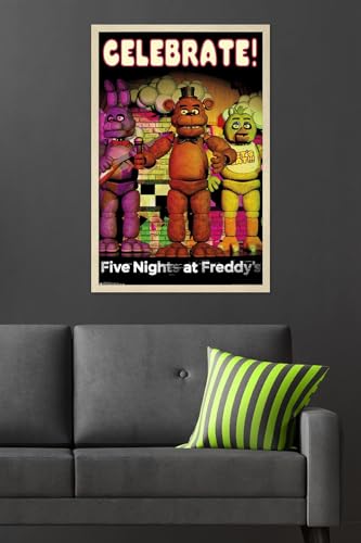 Five Nights at Freddy's - Celebrate Wall Poster, 34L" x 22.4W", Blonde Framed Version - color: Blonde Framed Version, size: 34"L x 22.4"W
