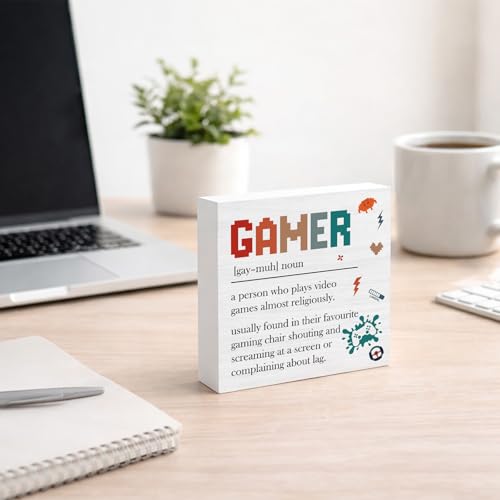 Gamer Gifts for Men Women, Gamer Definition Wooden Box Sign for Home Gaming Room Internet Cafe Decor 5x5 Inch