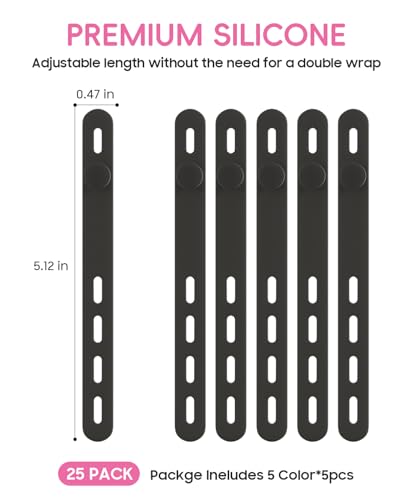 25Pack Silicone Cable Ties,Reusable Cord Organizer for Bundling Electrical Cords,Adjustable Data Cable Organizer Ties,High Elasticity Cable Straps for Home/Office/School/Travel(Black) - color: Black