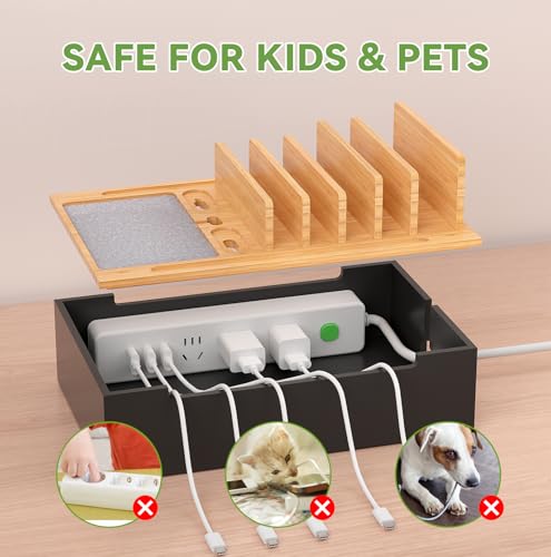 Pezin & Hulin Bamboo Charging Station, Electronic Devices Organizer for Multiple Devices Charger Such As Cell Phone, Tablet, Watch and More, Natural+Black, (No USB Charger and Cables - color: Natural+Black, size: Dock (No Charger&Cables)