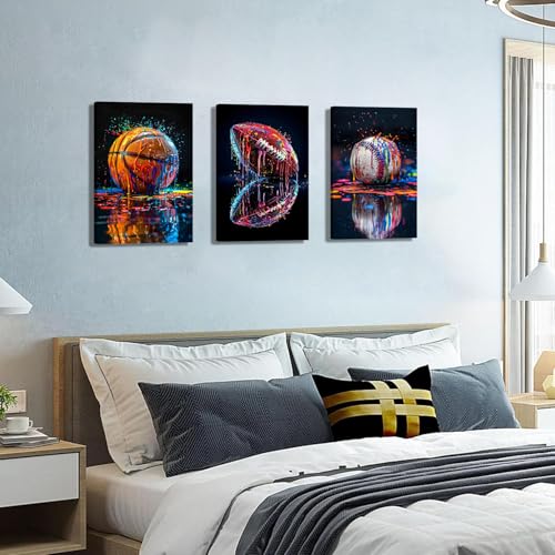 Sports Wall Art Set of 3, Retro Basketball Rugby Football Baseball Canvas Prints, Graffiti Style Print Artwork Ball Painting Wall Decor for Boys Bedroom Game Room Living Room Home Decor24x16 in Framed - color: Watercolor Basketball, size: 24"Lx16"W
