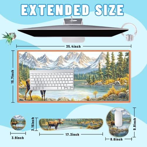 Moose Landscape Desk Mat Set Mountain Lake Large Mouse Pad with Wrist Rest 4in1 Desk Mat for Desktop Ergonomic Computer Desk Arm Wrist Anti-Slip Computer Ergonomic Mouse Pad Home Office Gaming - color: Moose Landscape