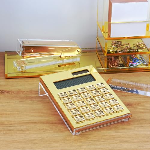 Acrylic Calculator with Stand, Battery and Solar Hybrid Powered Basic Calculator 12-Digit LCD Display,Home Office Desktop Accessories(Gold) - color: Gold