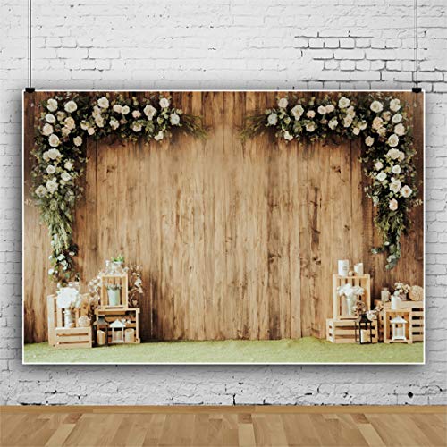 6x4ft Polyester Wedding Backdrop Rustic Floral Flower Wood Wall Backdrop Bridal Shower Reception Ceremony Photography Background Wedding Proposal Party Kids Birthday Party YouTube Photo Prop - size: 6x4ft-Polyester