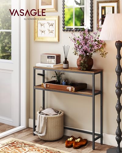 VASAGLE Console Table, 2-Tier Narrow Sofa Table with 2 Shelves, 7.9 x 31.5 x 31.5 Inches, for Living Room, Hallway, Entryway, Rustic Brown and Ink Black ULNT130K01V1 - color: Rustic Brown + Ink Black, size: 31.5"W - Without Power Outlet