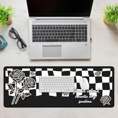Checkerboard Rose Gaming Mouse Pad Emo Aesthetic Art Large Desk Mat with Stitched Edges,Non-Slip Waterproof Rubber Base Mouse Mat Office Computer Keyboard Laptop 31.5"x11.8" - color: Checkerboard Rose