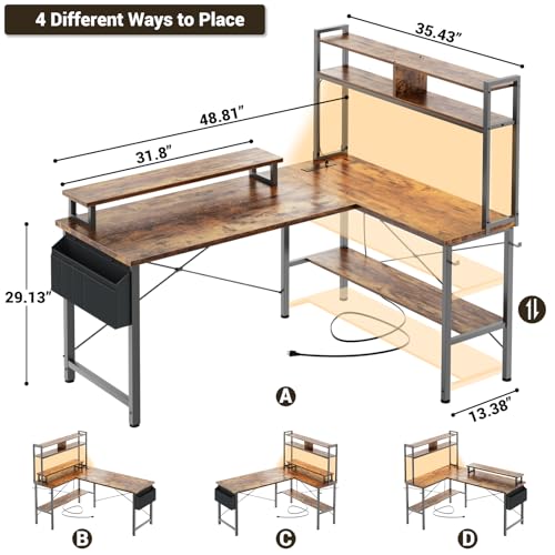 Aheaplus L Shaped Gaming Desk with Power Outlets & LED Lights, Small L-Shaped Desk Computer Corner Desk with Monitor Stand & Storage Shelf, Home Office Desk Writing Desk with Storage Bag, Rustic Brown - color: Rustic Brown
