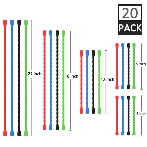 20 PCS Silicone Twist Ties Reusable Cable Ties Steel-Core Straps for Organizing Bundling and Holding All Purpose Bendable Cord Tie for Indoor Outdoor 4 6 12 18 24 inch (4 Colors) - size: 20 PCS (4"+6"+12"+18"+24")