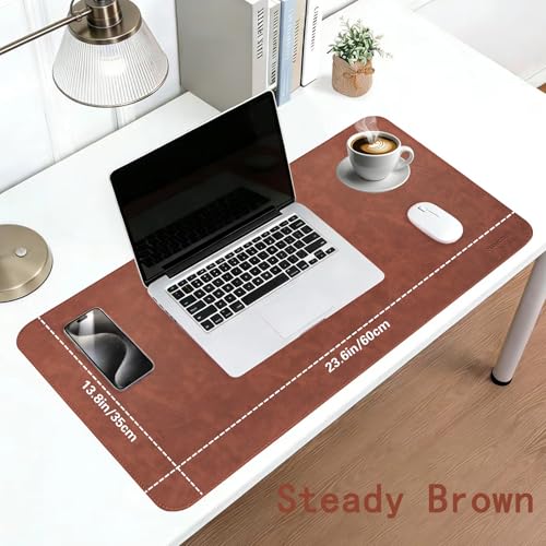 Soft Anti-Curl Faux PU Desk Mat 23.6"x13.8", Waterproof Heat Safe Non-Slip Vintage Desk Pad, Stitched Edge Wipeable Tear Resistant Desktop Protector for Work from Home Office (Brown) - color: Brown, size: 23.6" x 13.8"