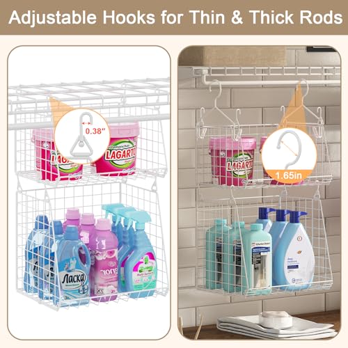4-Tier Hanging Laundry Room Organizer: Foldable Wire Shelf Basket with 2 Large Hooks 1.65" & 360°Rotating Hooks – Space-Saving Laundry Storage Basket, for Wardrobe Closet Storage, White Patent - color: White, size: 4-Pack 13.7*11*51inch