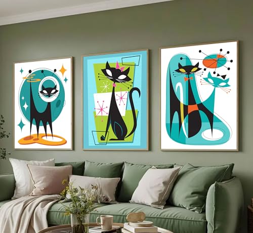 3pcs Funny Abstract Cat Canvas Wall Art Whimsical Futuristic Atomic Cats Posters Prints Modern Medieval Geometry Wall Decor Pictures for Living Room Bedroom Home Decoration Unframed - color: Quantum Cat-2, size: 16L" x 12W"-Posters