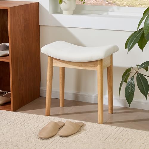 Royal Windsor Vanity Stool with Saddle Cushion, 18 Inch Makeup Vanity Chair for Living Room, Modern Foot Stool Ottoman Piano Bench,Small Upholstered Bench for Bedroom, Beige - color: 10.2"d Beige+wood Grain