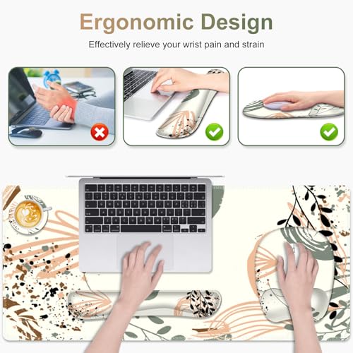 Large Mouse Pad with Wrist Support 4 in1 Set, XXL Big Game Mousepad + Keyboard Wrist Rest+Mouse Wrist Rest+Coaster Ergonomic Gaming Mat for Home Office Table Computer I Modern Boho Leaves - color: Modern Boho Leaves