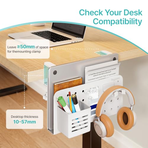 PEGZONE Desk Side Storage Organizer, No Drill Under Desk Laptop Holder, Clamp on Desks Shelf with Pegboard Accessories, Hanging Laptop Mount, Fits Flat Edge 0.4" to 2.2", White - color: White