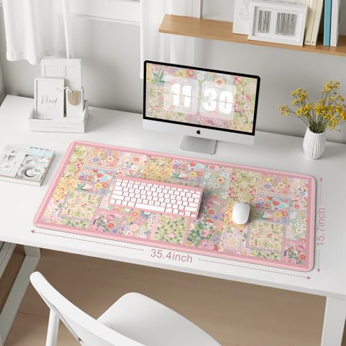 iCasso Pink Desk Mat for Keyboard and Mouse, Large Mouse Pad, Floral Desk Pad, Anti-Slip XXL Big Mousepad with Stitched Edges for Computer - color: A-pink
