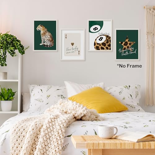 TLESKE Green Preppy Cheetah Leopard Posters Prints Unframed 12x16 Set of 4 | dark green Trendy Lucky 8 Balls Wall Art Prints Decor for Teen Girls Dorm Bedroom, Retro Cheetah Print Wall Pictures - color: emerald green cheetah, size: 16L" x 12W"