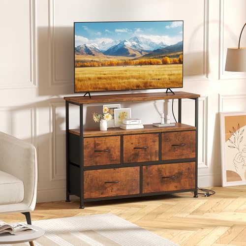 DUMOS TV Stand, Dresser with 5 Fabric Storage Drawers, Media Console Featuring Open Shelf, Fabric Storage Cabinet with Charging Station, Compact Entertainment Unit for Bedroom, Living Room, Tank - color: Tank, size: 38"D x 11.8"W x 31.5"H (5 Drawers)