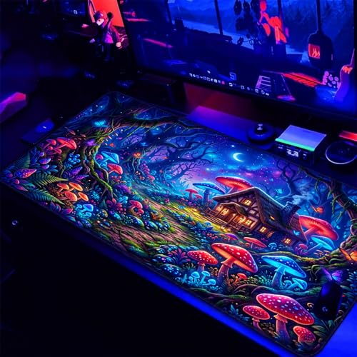 Blacklight UV Reactive Gaming Mouse Pad – Glow in the Dark Fantasy Mushroom Forest, Neon Nature Desk Mat, Non-Slip Extended Mouse Pad for PC, Laptop, Office & Gaming Setup - color: Mushroom Farmhouse