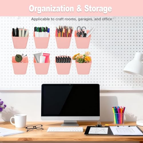 8 Pack Large Pegboard Bins with Hooks, Square Box Shape Peg Board Cups and Peg Board Accessories for Craft Room, Playroom, Office, Garage, and Wall Mount Organization (Pink) - color: Pink