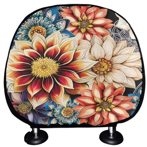 Blossom Floral Lotus 2 Pieces Car Head Rest Covers Boho Lotus Seat Cover Accessories Soft Fabric Cars Headrest Protector Auto Interior Accessories Universal Fits - color: Blossom Floral