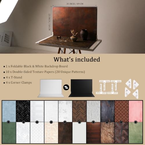 23x35 in Photo Backdrop Boards, 10Pcs 20 Patterns Double-Sided Product Photography Backdrops, Flat Lay Background for Food, Jewelry, Cosmetics & Content Creation, Tabletop Shooting Kit, MDAOCRY