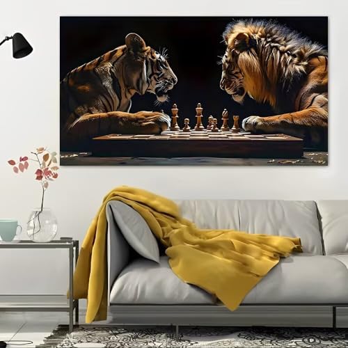 Tiger Lion Chess Match Rustic Canvas Wall Art - 12x24in Unframed Poster- Home & Office Decor for Living Room, Bedroom, Kitchen & Cafe - color: Tiger Lion