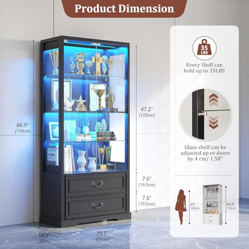 TAGELIER 67" Tall Display Cabinet with Glass Doors and 2 Drawers | Curio Cabinet with Motion Sensor, Led Light Display Cases for Collectibles and Books, China Display Shelf for Living Room - color: 97047-black