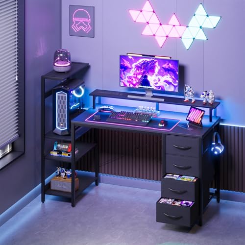 51 Inch Gaming Desk with Power Outlet and LED Lights, Computer Desk with 4 Drawers & Storage Shelves, Reversible Home Office Desk with Monitor Stand for Small Space Bedroom, Carbon Fiber Black - color: Black, size: 51 inch