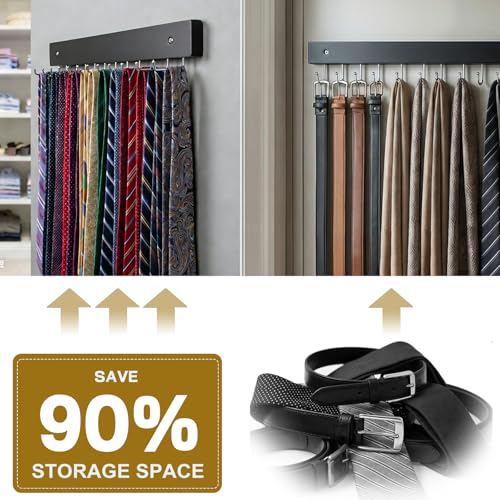 Wall Mounted Tie & Belt Rack Organizer - 2 Pack, 28 Hooks Hold 40 Ties & 40 Belts, 180° Rotating Space Saving Design, Sturdy Wood Decorative Wall Storage (Black) - color: Black