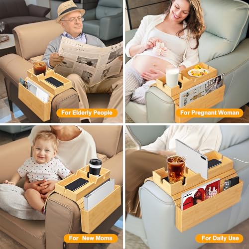 MinBoo Sofa Arm Tray Bamboo with Side Storage Pocket Couch Arm Table Cup Holder Absorbent Pad Foldable Portable Sofa Arm Chair Table for Drink Cups EatsSnacks Phone Remote Home Gift Accessory