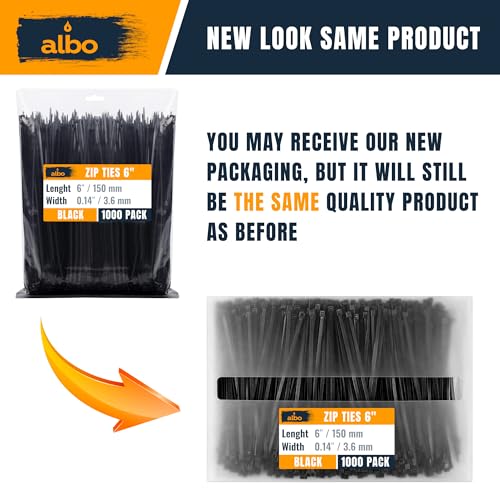 ALBO Zip Ties Black 6 Inch 1000 Pack 40 lb, Long Plastic Cable Ties Thick 0.14 Inch Tie Wraps Heavy Duty UV Resistant Nylon Wire Ties for Indoor and Outdoor - size: 6" Black 1000 Pack 40lb