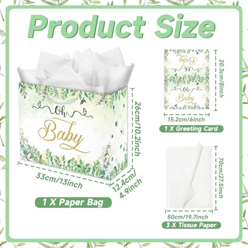 Woohookaka Sage Green Baby Gift Bags 13" Large - With Handle, Tissue Paper & Card for Newborn, Gender Reveal Party Decor - color: Baby