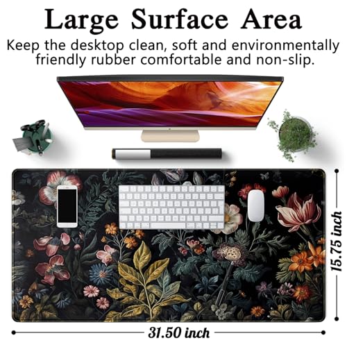 Floral Desk Mat Dark Vintage Aesthetic Desk Pad Flower Plant Black Extended Mouse Pad Large Gaming Mousepad XXL Laptop Computer Mouse Keyboard Mat 31.5 x 15.7 in for Office Desk Decor - color: A Vintage Floral