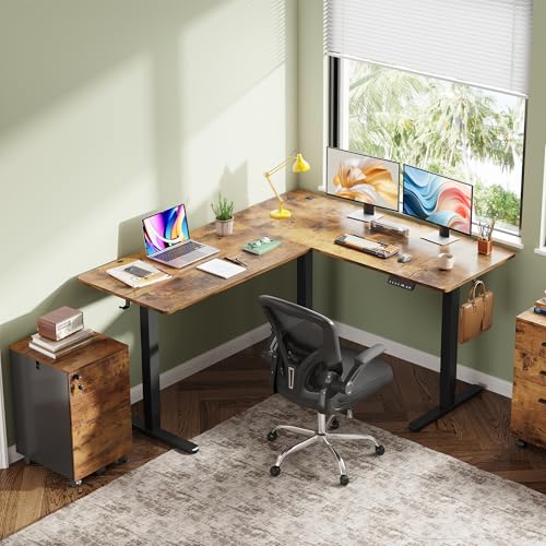 DEVAISE 63 Inch L Shaped Electric Standing Desk, 3 Adjustable Computer Desk for Home Office, Sit to Stand Desk with LED Touchscreen,Headphone Hook, 3 Memory Preset, with Split Top, Rustic Brown - color: Rustic Brown, size: 63 Inch / Split Top / L Shaped