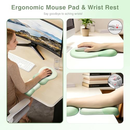 Ospelelf Mouse Pad with Wrist Rest Set Foam L-Shaped Desk Elbow Pad Ergonomic Desk Edge Cushion Anti-Slip Rubber Bottom Office Women Desk Accessories for Computer, Laptop and Gaming, Light Green - color: Light Green