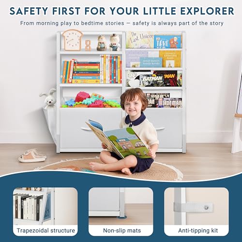 LOFTEY Kids Bookshelf and Toy Storage, Book Shelf for Kids Room, Toddler Montessori Bookshelf with 2 Drawers, Baby Book Shelf for Nursery, Toy Organizer, White