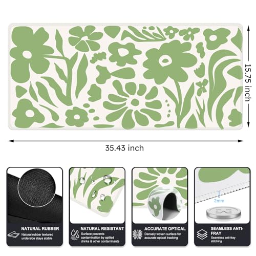 iCasso Desk Mat, XXL Large Anti-Slip Mouse Pad with Stitched Edges, Keyboard Mat for Work, Gaming (Green Flowers) - color: Green Flowers