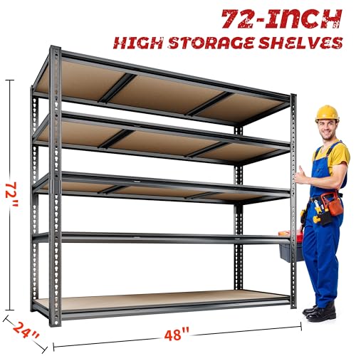 48"W Garage Shelving, 3050LBS Storage Shelves Heavy Duty, 5 Tier Metal Shelving Unit Adjustable Garage Shelves Heavy Duty Shelving for Warehouse,Commercial, Kitchen, 48" W × 24" D × 72" H, Black - size: 48"W x 72" H x 24" D