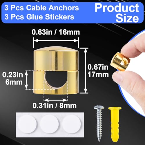 SmallCat 3 Sets Charger Holders for Cords, Gold Adjustable Cable Anchor Holders, Adhesive Metal Cord Clips, Cable Management Wire Organizers for Desk, Office, Nightstand - color: Gold, size: 3 Sets