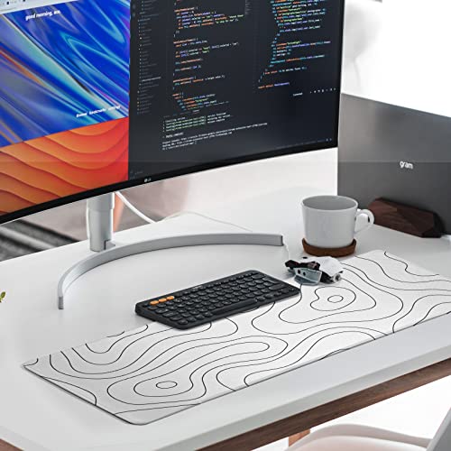 White Large Gaming Mouse Pad Desk Pad Topographic Map Big Keyboard Mat 31.5x11.8inch Computer Mousepad with Stitched Edge Non-Slip Rubber Base - color: White Topographic Map