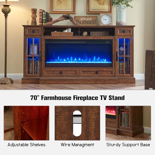 RedLemon Farmhouse Fireplace TV Stand for 80 Inch TV, 36" Tall Entertainment Center with 42" Crystal Eletric Fireplace, Modern Media Console Table with LED Lights for Living Room, Reclaimed Barnwood - color: Reclaimed Barnwood