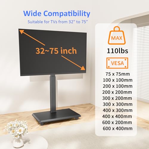 Afaloona Rolling TV Stand, Portable Mobile TV Stand for 32-75 Inch TVs up to 110 lbs, 18 Adjustable Heights, Max VESA 600x400mm, Rolling TV Cart on Wheels with Mount for Bedroom, Office, Outdoor - style: GM-A02