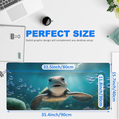 Desk Mat, Cute Turtle Smiling Under The Sea Extended Gaming Mouse Pad Large, 35.4"x15.7" Big Mouse Pad with Non-Slip Base and Stitched Edge, Long Computer Keyboard Mouse Mat for Home Office Work - color: Cute Sea Turtle, size: 35.4"x15.7"