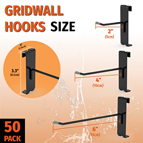 HUHOLE 50 Pack 4 Inch Black Gridwall Hooks Metal Display Hangers | Fits 3 x 3 Inch Wire Grid Panels, 20 lb Capacity Hooks for Retail Store, Craft Fair, Jewelry Rack and Garage Organizer - size: 4 Inch