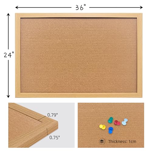 Cork Bulletin Board, 36x24 Inches Hanging Cork Board Wooden Framed with Pins for Wall, Dorm Room, Office, Home Decor – Natural Cork & Black Frame - color: Crude, size: 24" x 36"