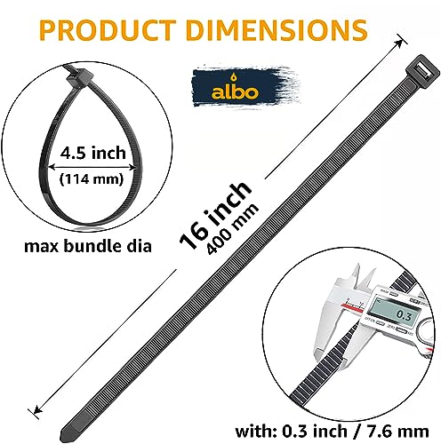 ALBO Black Zip Ties Heavy Duty 16 Inch Long 120lb - 100 Pack Plastic Cable Ties 0.3 Inch Thick UV Resistant Tie Wraps for Indoor and Outdoor Use - size: 16" Black 100 Pack 120lb